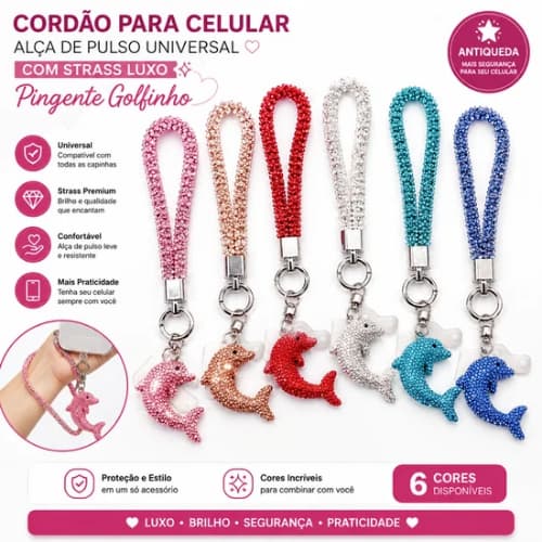 Cordão para Celular Universal com Strass |Alça de Pulso Luxo Antiqueda Pingente Golfinho Compatível com Todas as Capinha