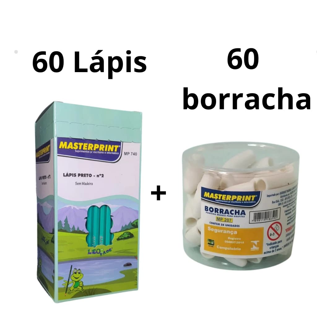 Kit 60 Lápis Preto + 60 Borrachas Ponteira Escrita Macia Apagamento Limpo Ideal Para Escola Escritório e Estudos