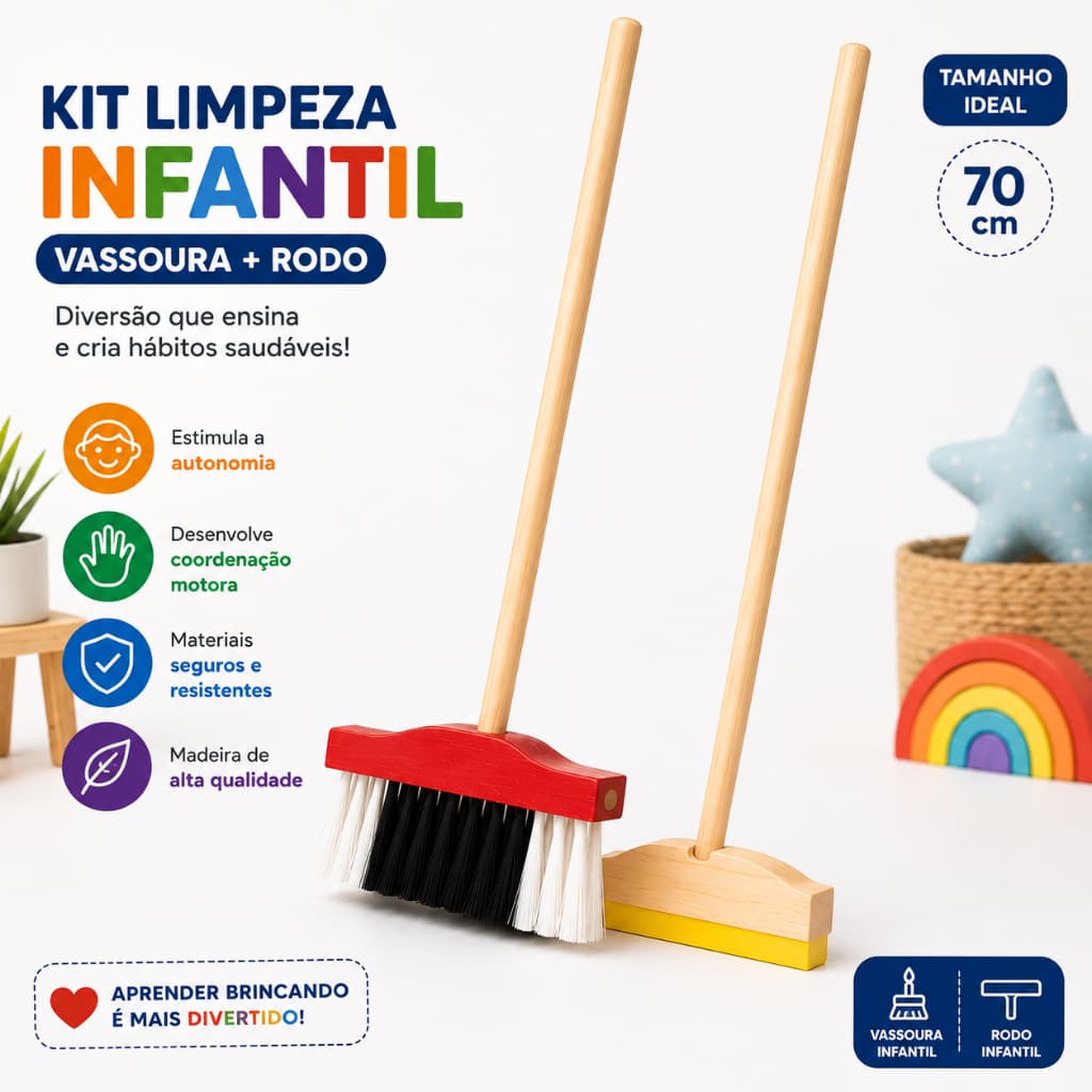 Kit Limpeza Infantil Montessori Vassoura E Rodo Madeira