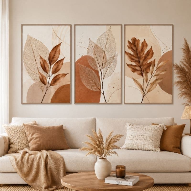 Quadro Decorativo 3 Peças Folhas Secas | Estilo Boho Minimalista | Tons Terrosos | Sem Moldura