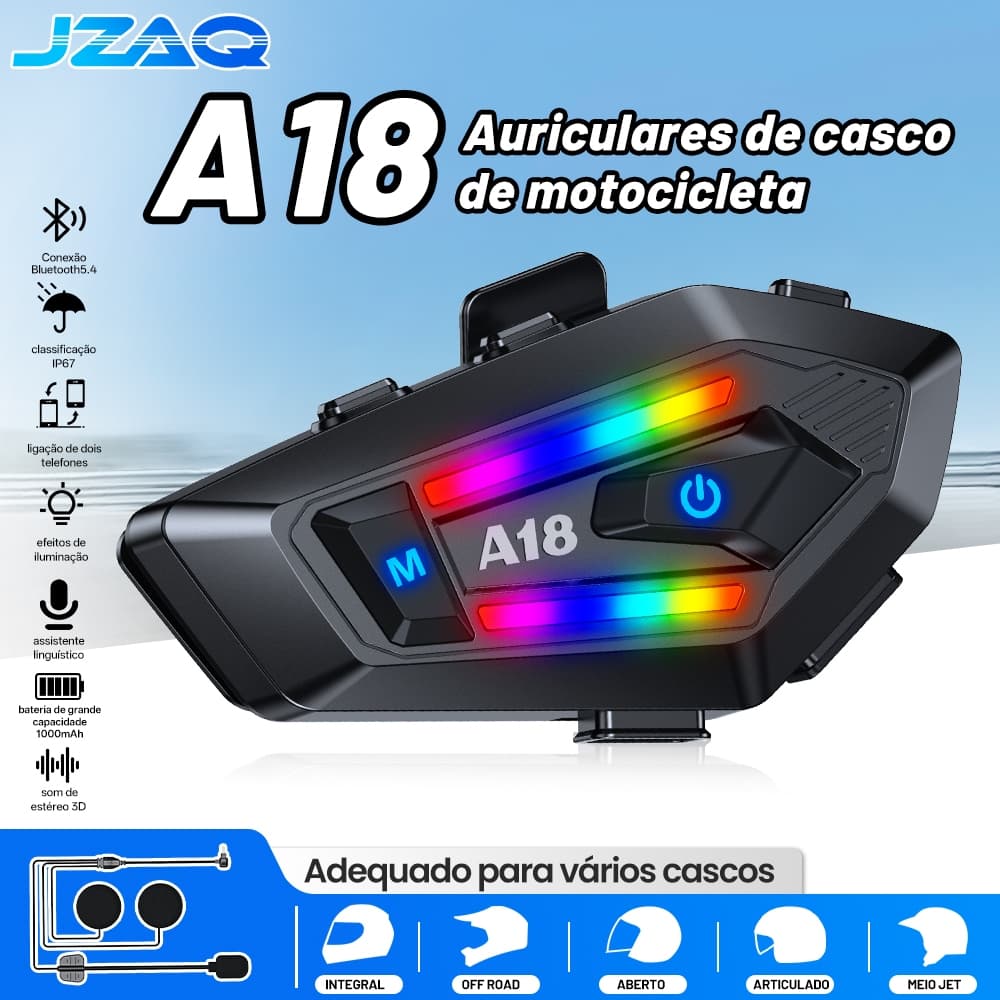 JZAQ A18 Fone Bluetooth para Capacete Luz LED, Impermeável Bateria 1000mAh Longa Duração Função de Conversa Mãos Livres