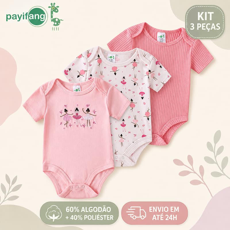 Payifang Kit 3 Bodies Bebê Menina Bailarina Manga Curta 60% Algodão 40% Poliéster 3M 6M 9M