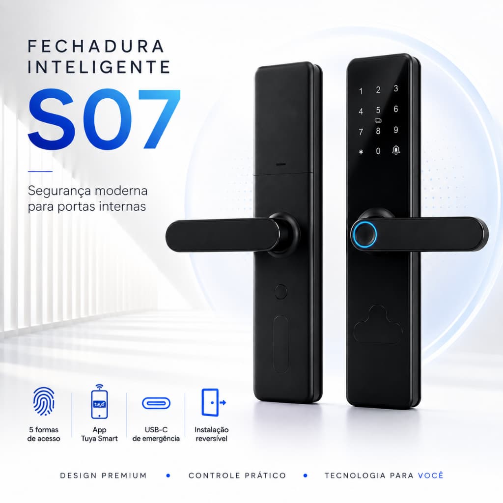 Fechadura Digital Inteligente 4 em 1: Biometria, Senha, Cartão NFC e Chave. Controle de Acesso via App Tuya.