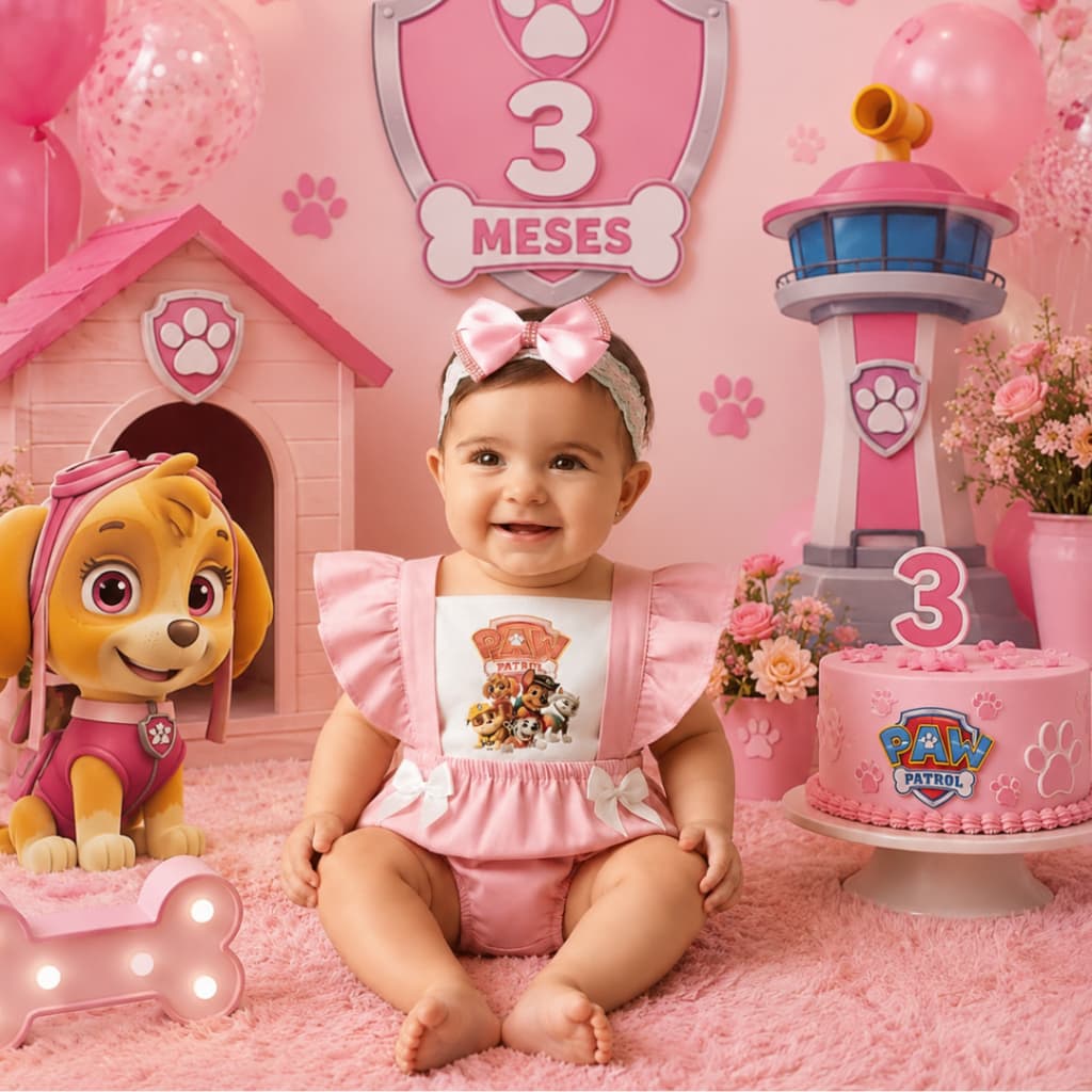 Romper vestido jardineira bebe menina tematico mesversario patrulha canina de 0 a 3 meses