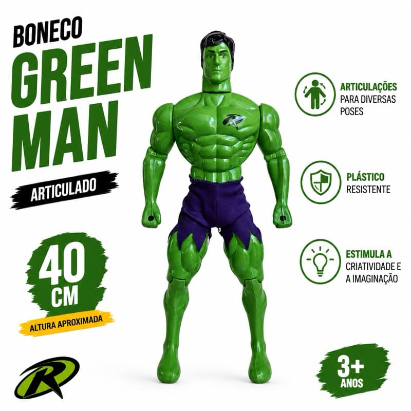 💚 Boneco Green Man 40cm Articulado Infantil – Brinquedo de Super-Herói