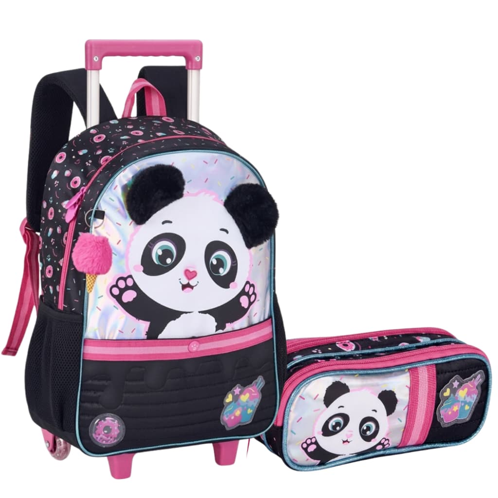 Kit Mochila Escolar Pandinha Clio com Compartimento Espaçoso e Bolsos Laterais Cute Lancheira Estojo