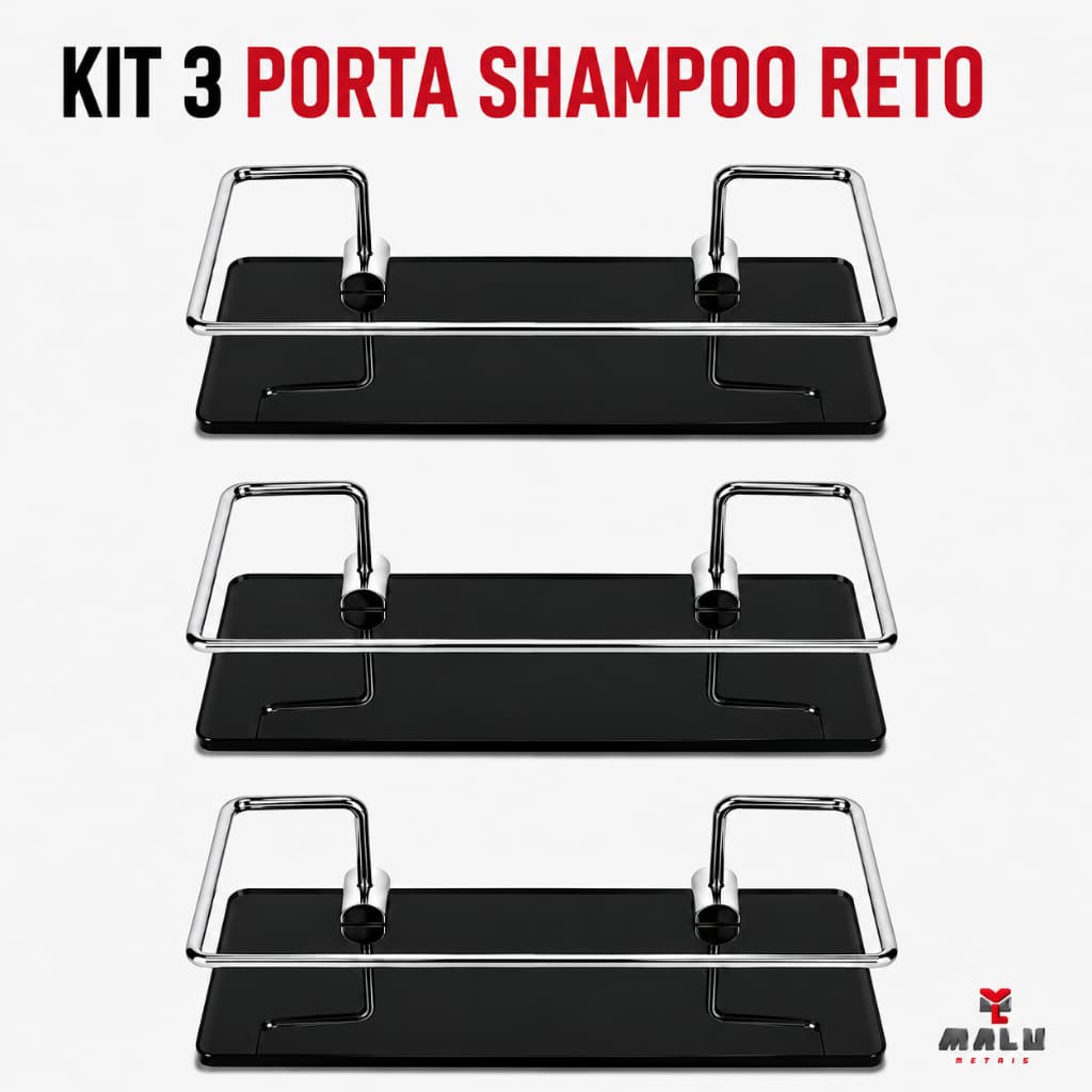 Porta Shampoo Para Banheiro Suporte De Vidro 6mm Fumê Reto Preto C/ Cromado Anti Ferrugem KIT 03 UN