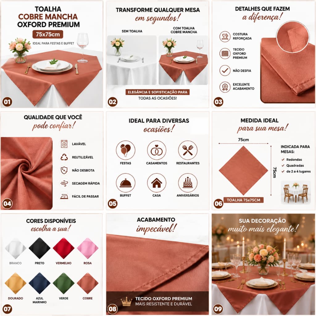 Kit Toalha Cobre Mancha Oxford 75x75 Festa Buffet Casamento Restaurante Mesa Decorativa
