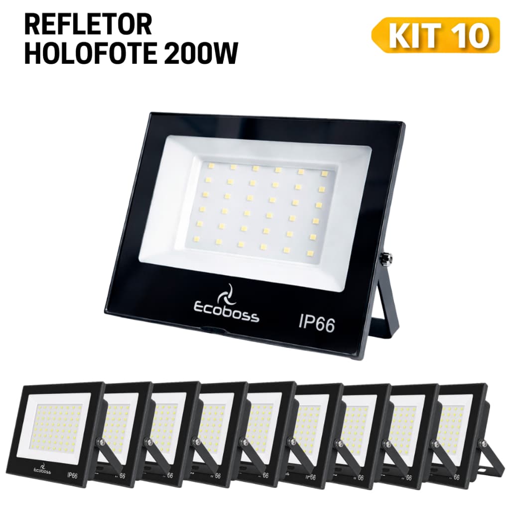 Kit 10 Holofotes LED Slim 200W Branco Frio 6500K IP66 Bivolt Alta Luminosidade