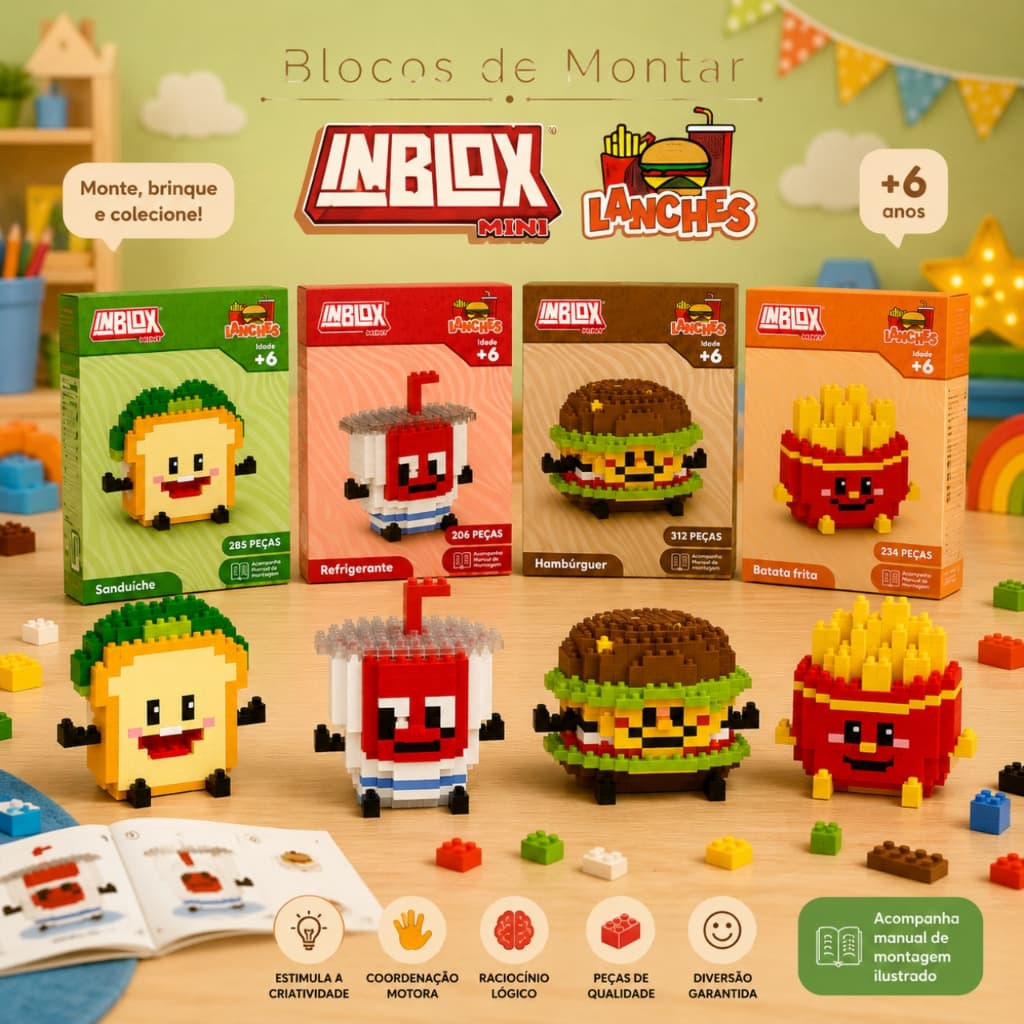 Blocos de Montar INBLOX Mini Lanches Infantil Colecionável Hambúrguer Batata Frita Refrigerante ou Sanduíche +6 Anos