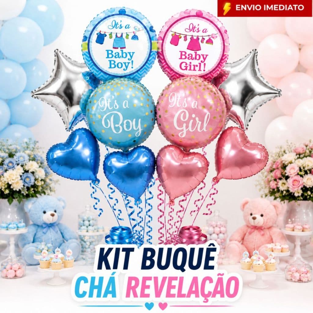 Kit Buquê Chá Revelação 10 Balão Metalizado Baby Boy Girl Estrela Coração Festa Decoração Azul Rosa
