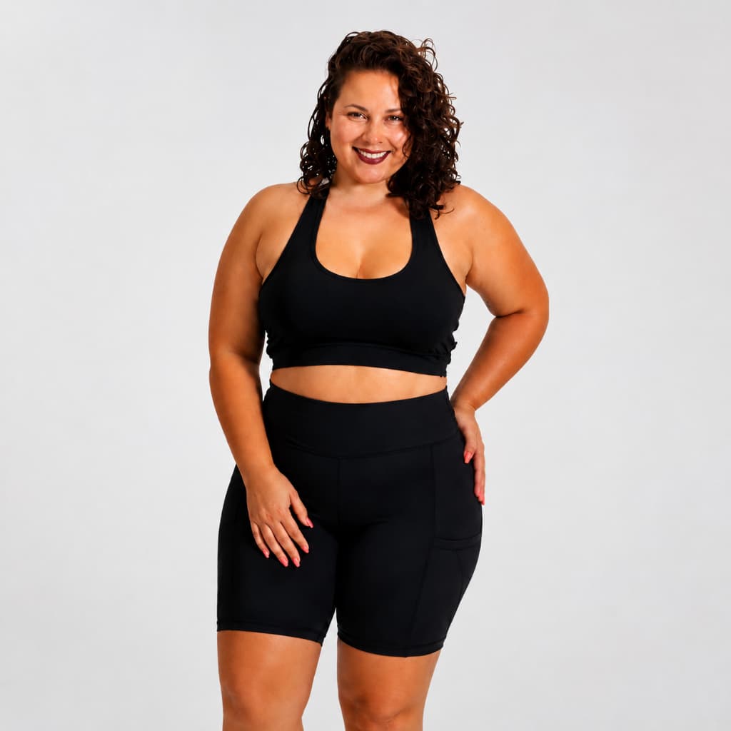 Conjunto Feminino Bermuda com Bolso e Top Alça Reta com Bojo Removível Plus Size Roupa Academia Fitness Curve