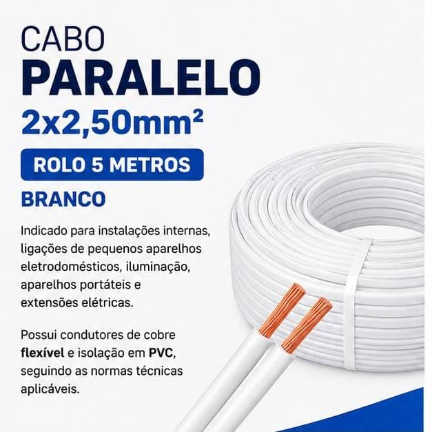 Cabo Paralelo 2x2,50mm Rolo 5 Metros Branco Fio de Cobre Flexível