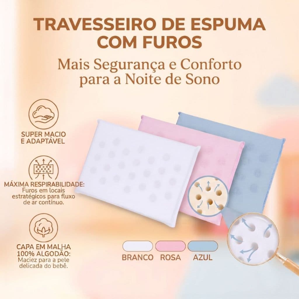 Travesseiro C/ Furos Fácil Circulação 100% Algodão Espuma 29x19x3cm Bebê Papi