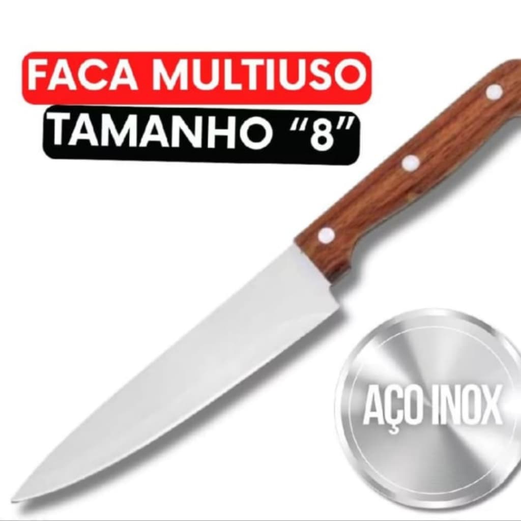 Faca Chef 8 Polegadas Aço Inox Cabo Madeira Profissional Cozinha Churrasco profissional