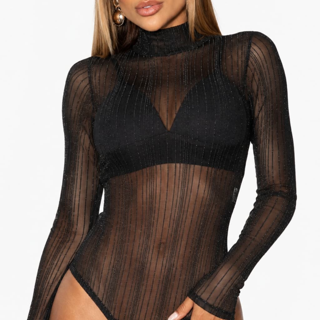 Body Feminino Tule Preto Transparente Brilhante Manga Longa Com Fecho Segunda Pele
