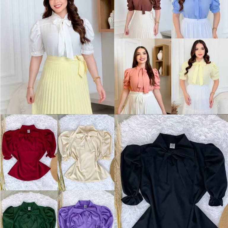 Blusa Feminina Gola Laço Manga Curta Bufante