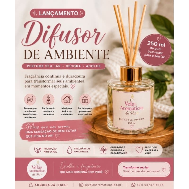 Difusor Aromático de Ambiente com Varetas Artesanal de 250ml -  Aromatizador de Ambiente
