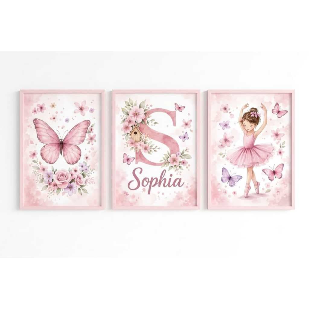 kit 3 peças quadros decorativos quarto menina bebe personalizável bailarina flores