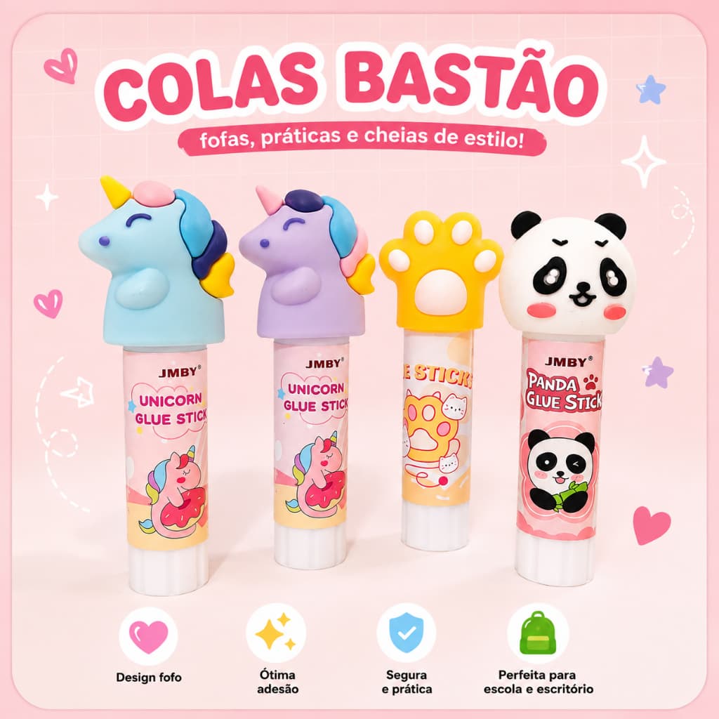 Cola Bastão Kawaii 15g | Unicórnio, Panda e Patinha | Material Escolar