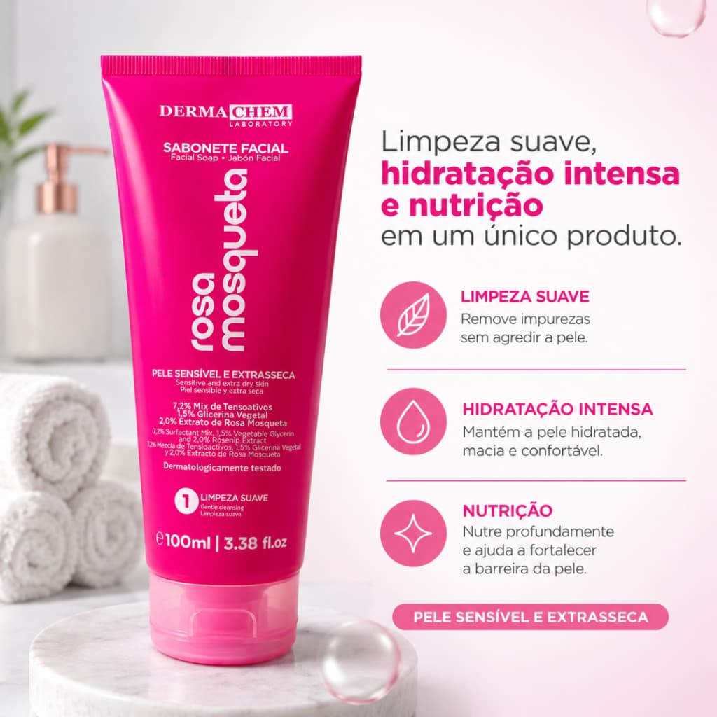 Sabonete Facial Rosa Mosqueta Limpeza Suave Para Peles Sensiveis e Extra Secas Dermachem 100ml