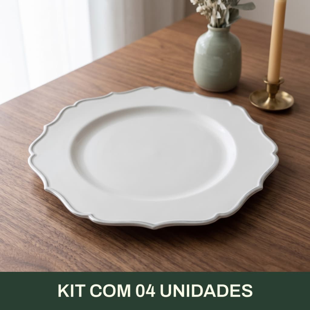 Kit Sousplat  C/ 4 Lugares  Redondo Branco com Borda Prateada ou Dourada 33cm