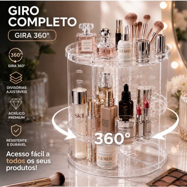 Porta Maquiagem Giratório 360° Organizador Acrílico Transparente para Cosméticos Perfumes Pincéis e Skincare
