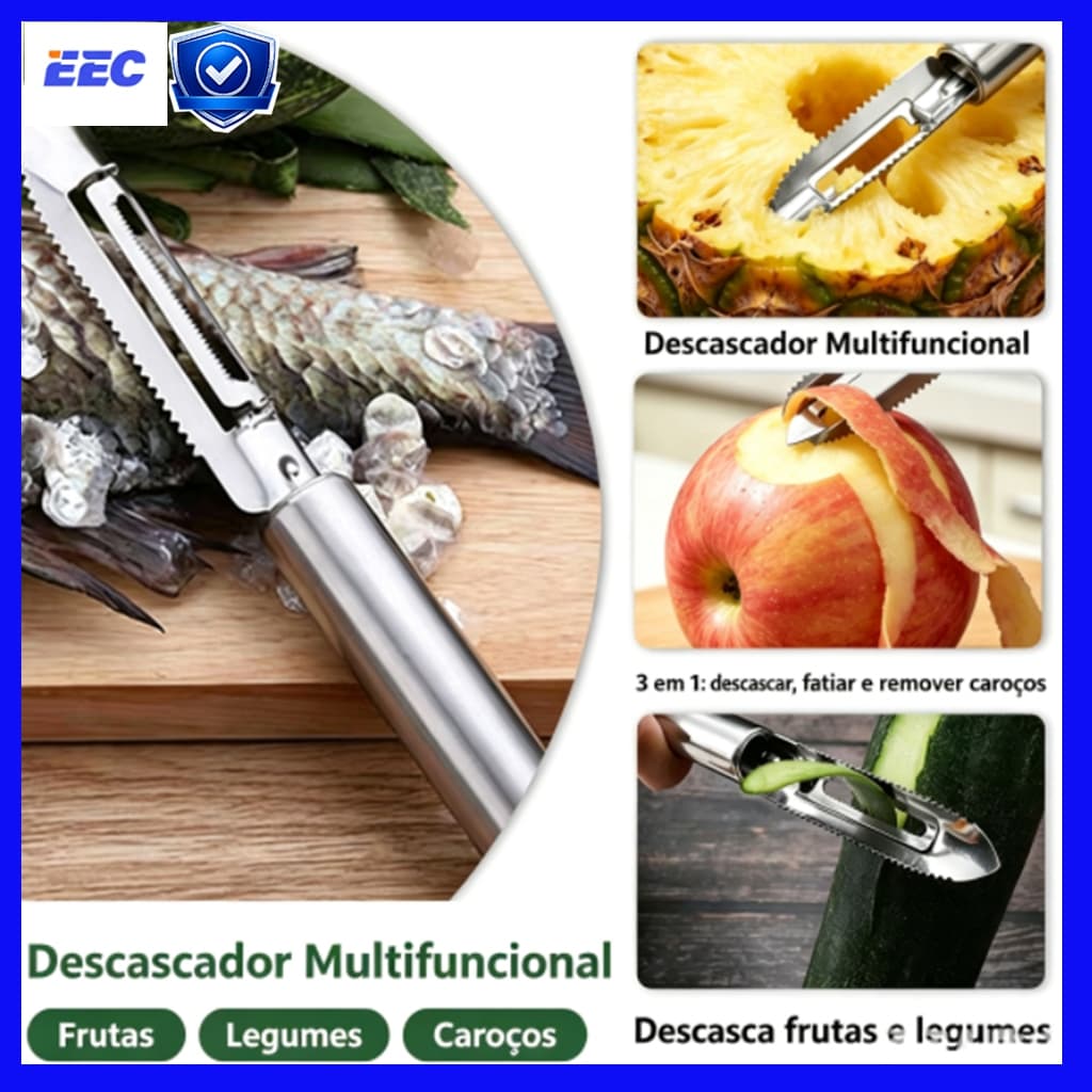 Descascador Multifuncional em Aço Inox 3 em 1 Descascar Frutas Legumes Remover Caroços Raspador de Peixe Cozinha