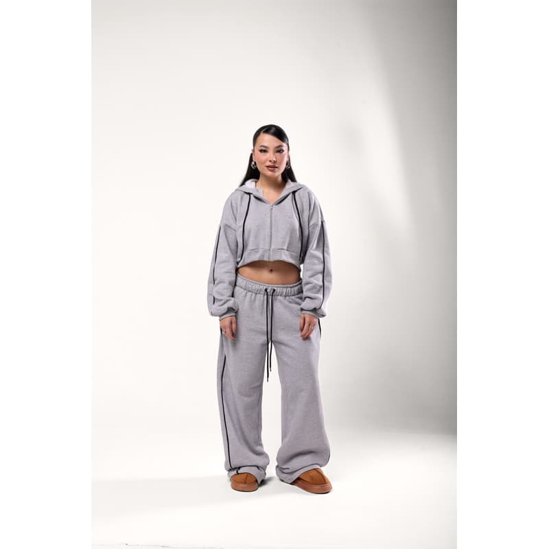 Conjunto Moletom Cropped Zíper + Calça Flare Cintura Elástica
