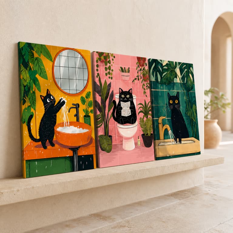 Kit de Quadros Decorativos Gato Divertido - Kit 3 Peças em Vinil MDF para Sala, Banheiro ou Escritório