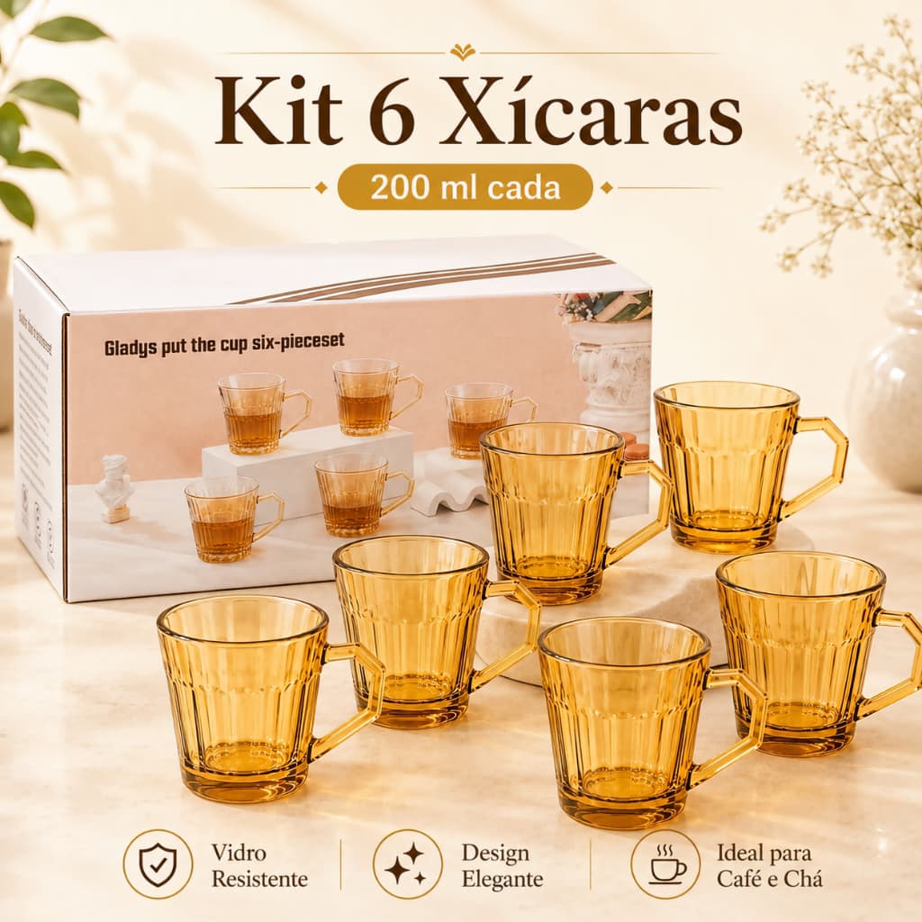 VidroViva Jogo 6 Canecas de Vidro Âmbar 200ml com Alça e Base Reforçada para Café e Chá