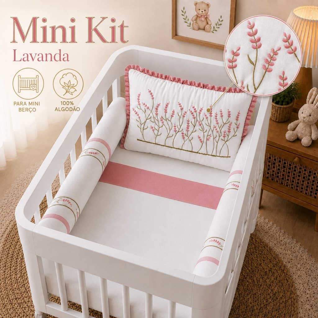 Kit Berço MIni Berço Menina Borboleta Lavanda Rosê Algodão Mosquiteiro compatível Mini Berço Portátil