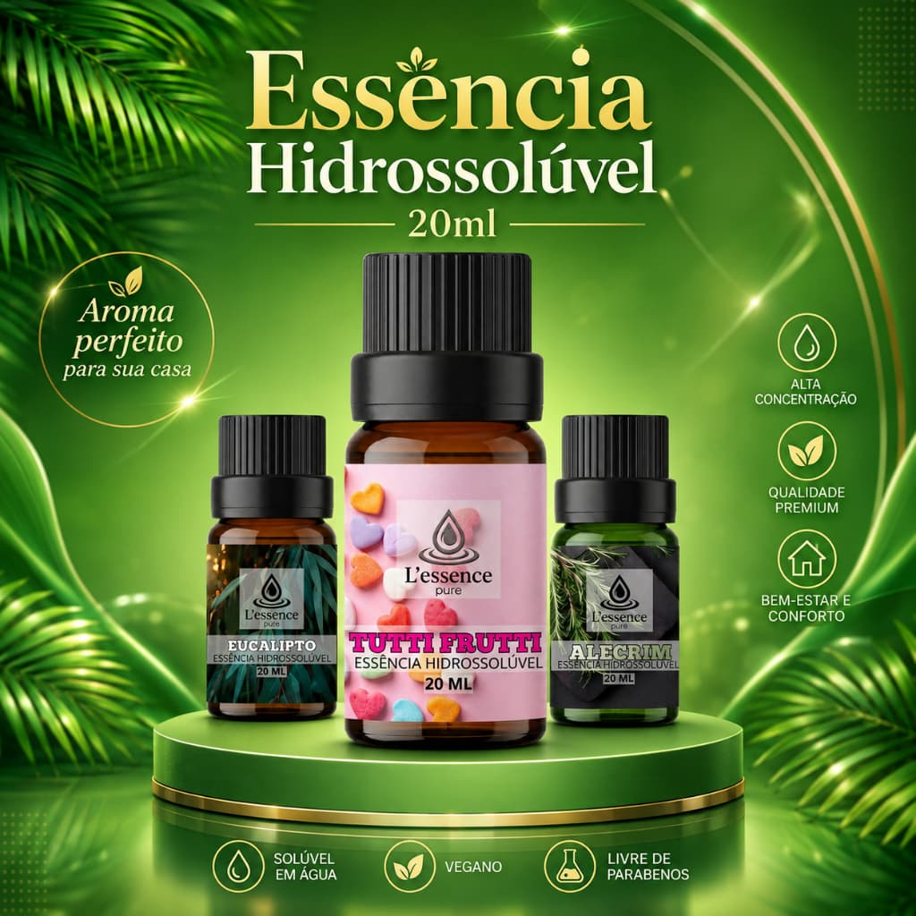 L' Essence Pure | Kit com 3 OU 1 Essências 20ml Eucalipto, Alecrim e Tutti - Frutti | Aromas Fortes!