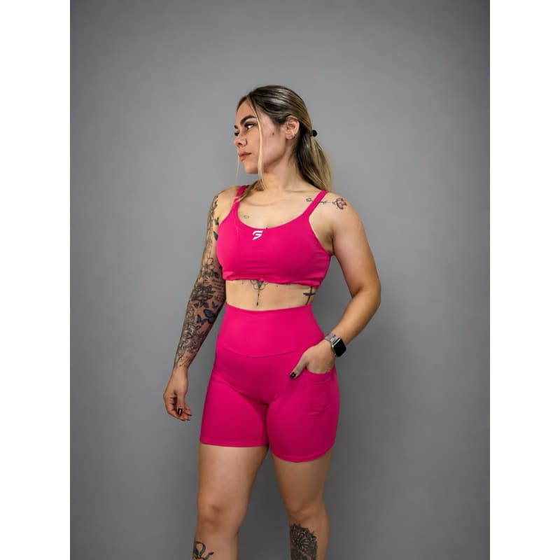 Conjunto Fitness Feminino Short com Bolso e Top com Bojo Removível – Cintura Alta | Zero Transparência
