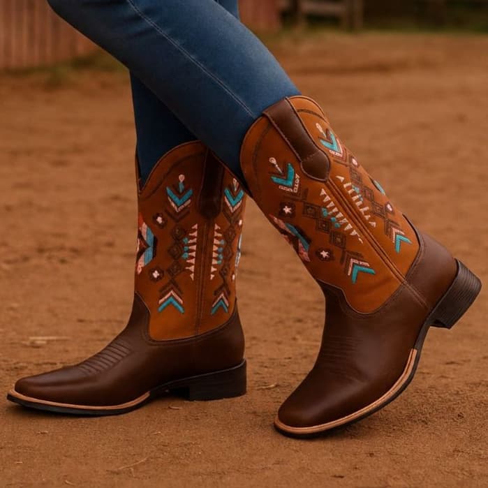 Bota Texana Feminina Couro Legítimo Country Bico Quadrado Solado Borracha Antiderrapante Premium
