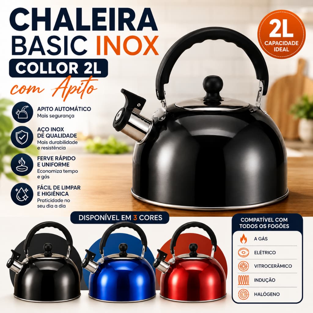 Chaleira Basic Inox Collor 2L com Apito Fervedor Serve em Fogão de Indução, Cerâmica, Gás e Elétrico - Ke Home