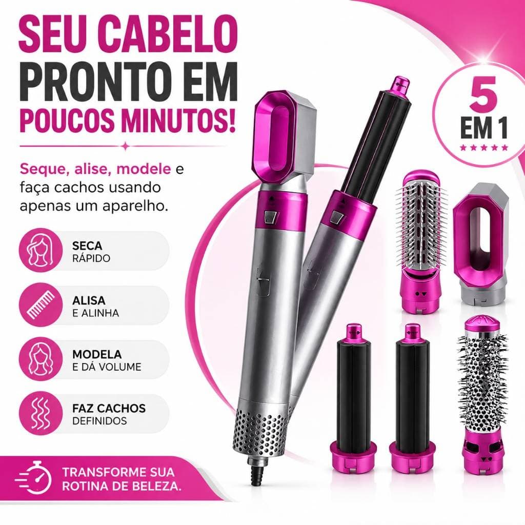 Escova Secadora 5 em 1 Multifuncional 110V Modeladora Alisadora Secador de Cabelo com 5 Acessórios Pink Prata