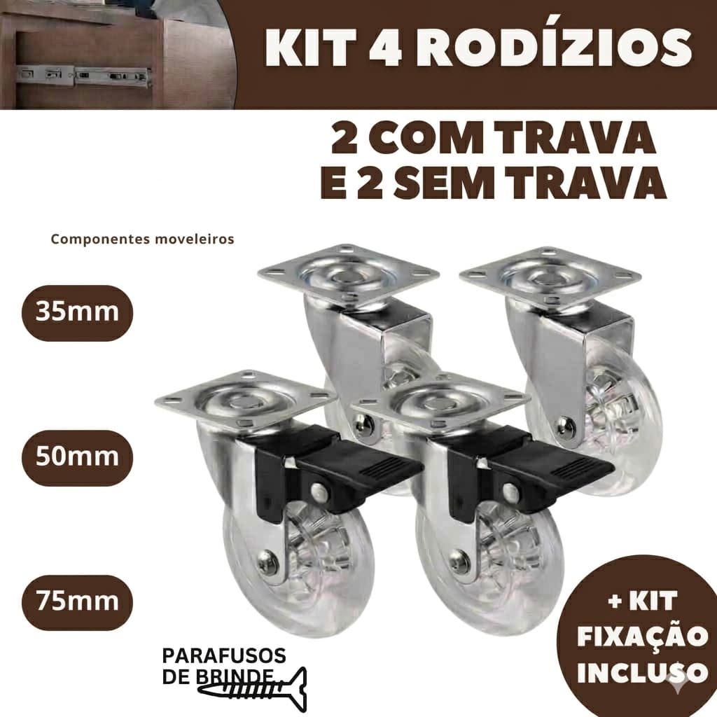 4x Rodízio Giratório Gel Rodinha Móveis 50mm 02 Trava 02 Sem