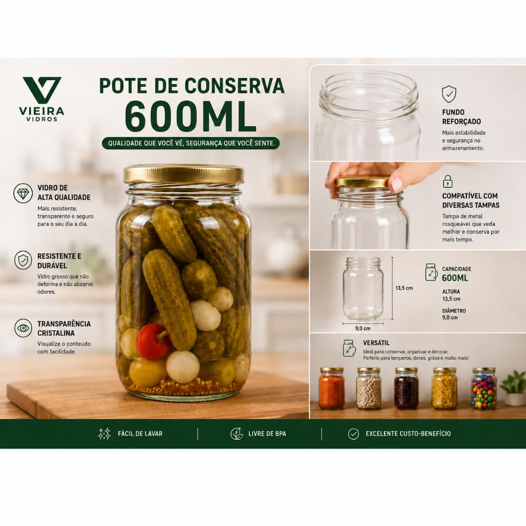 Kit 10UN/15UN Potes de Vidro Conserva 600ml Tampas para Palmito Pepino e Doces.