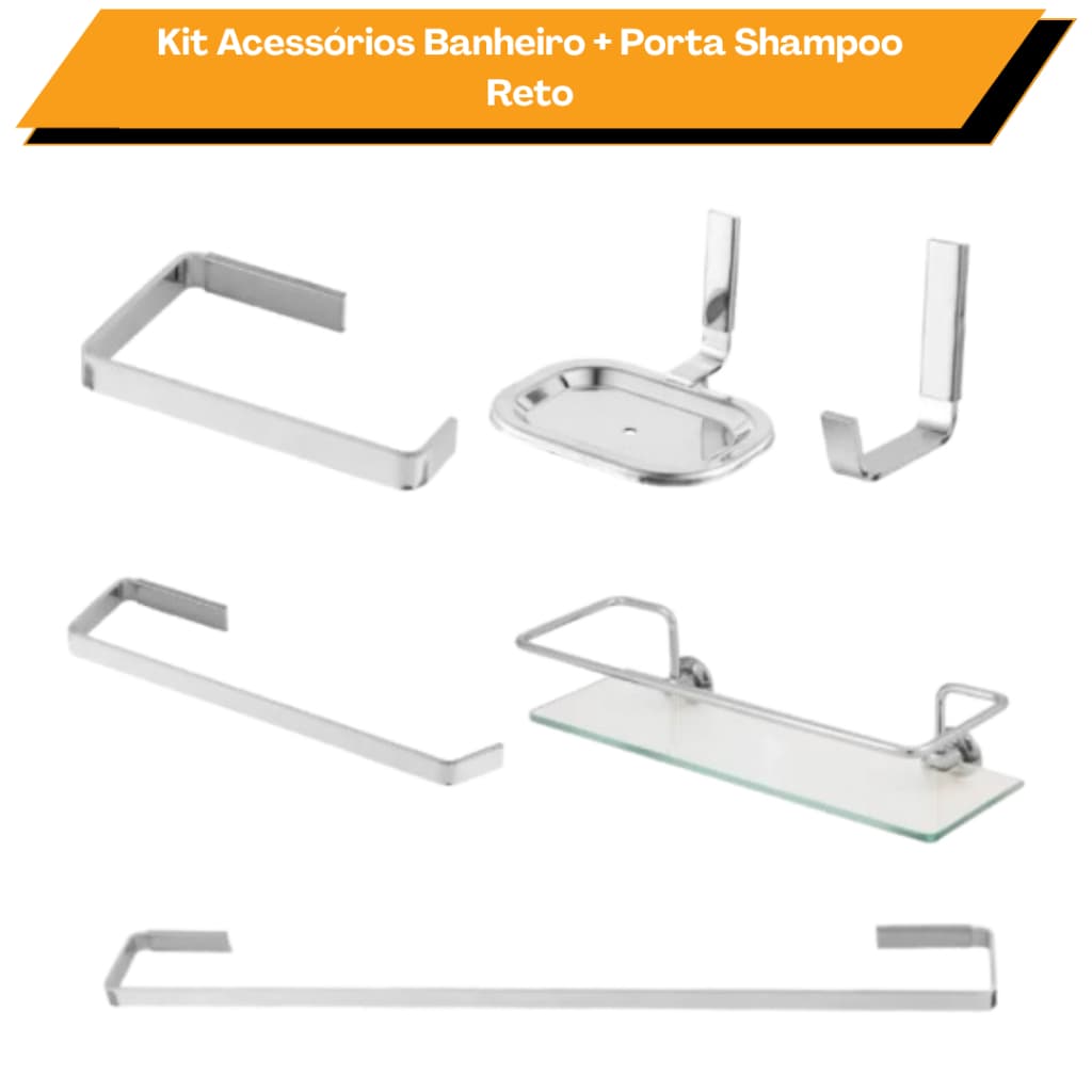 Kit Acessórios Para Banheiro Quadrado Alumino + Porta Shampoo Reto