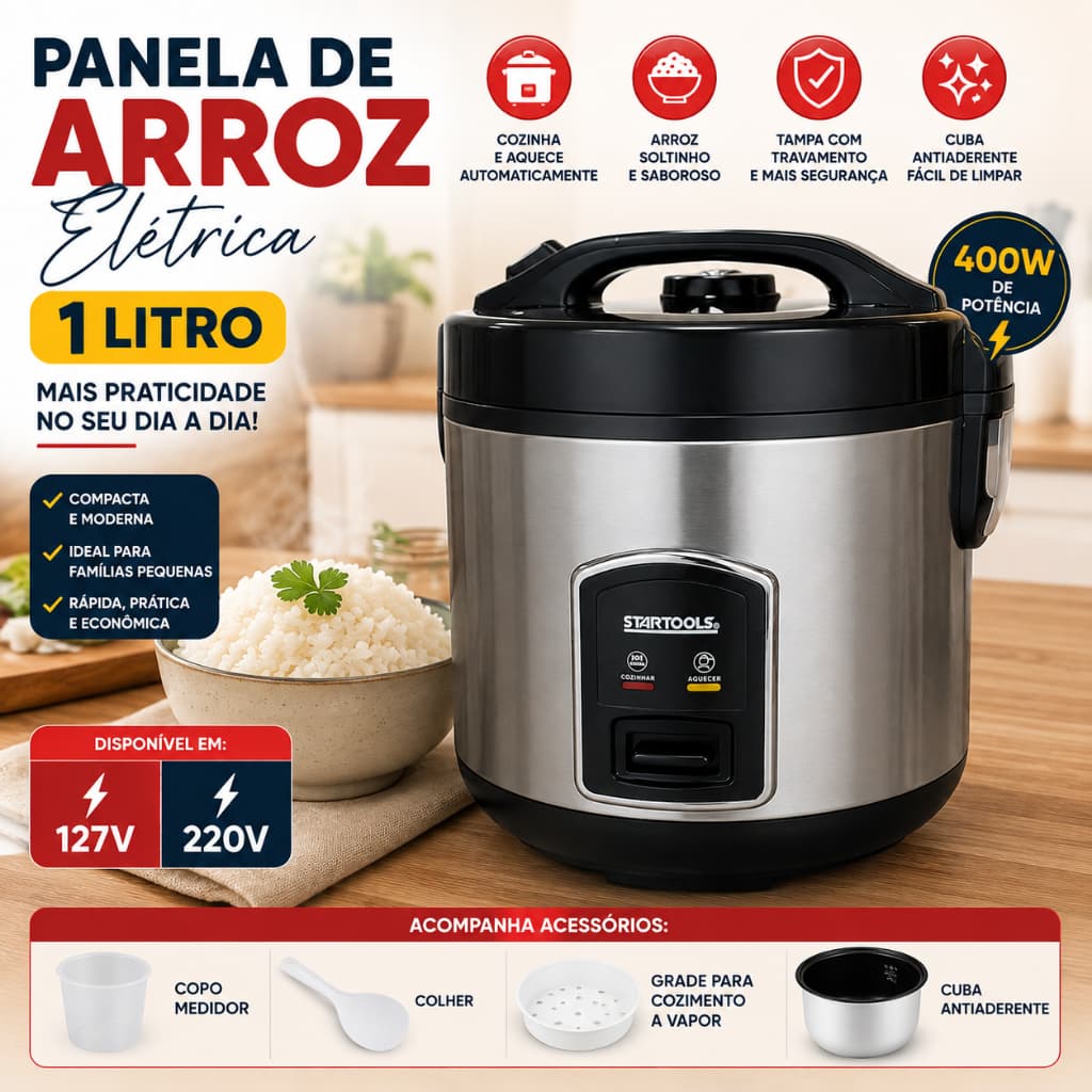 Panela de Arroz Elétrica 1 Litro Antiaderente Cozimento a Vapor Não Gruda Sem óleo Cozinha 127V 220V Preta
