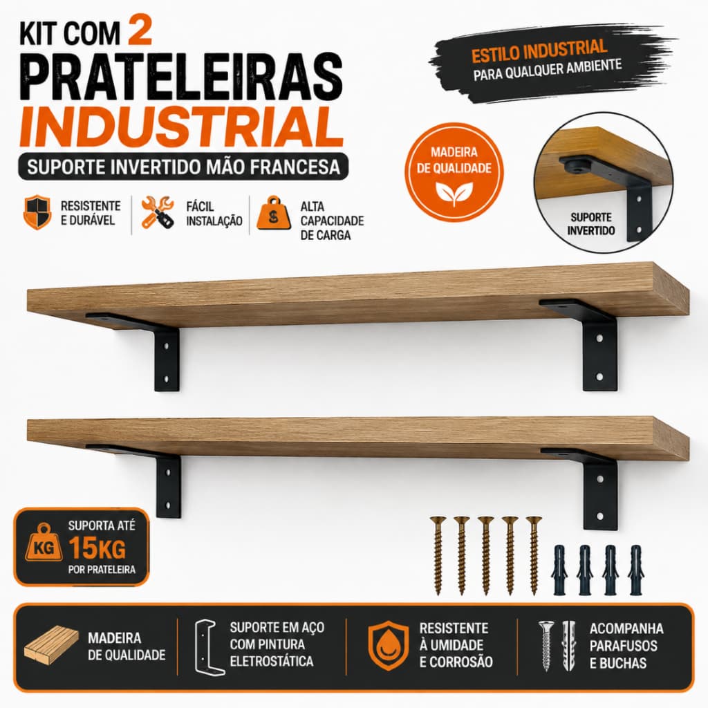 Kit 2 Prateleiras Suspensas MDF 18mm com Suporte Mão Francesa Invertida