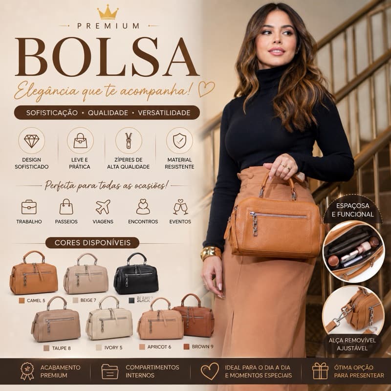 Bolsa Feminina Premium Estruturada em Couro Sintético | Bolsa de Mão e Transversal 0813