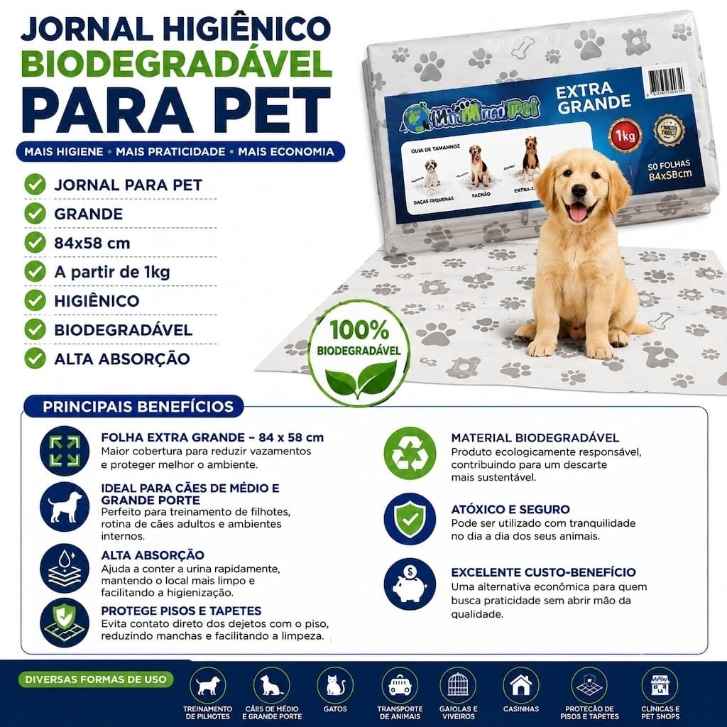 Jornal Higiênico GIGANTE para Pet, Alta Absorção apartir de 1kg, 84x58cm