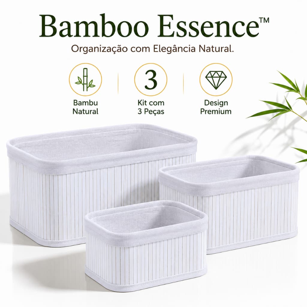 Kit 3 Cestos Organizadores de Bambu Natural Multiuso com Forro em Tecido para Banheiro Closet Cozinha e Escritório