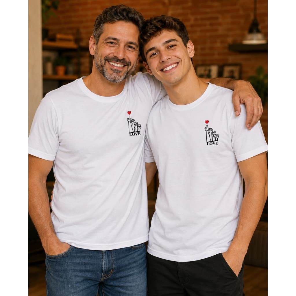 Camiseta Branca LOVE Básica Confortável Presente do Pai Herói Filho Avô Tio Padrasto Primo Irmão Libras Inclusão Único