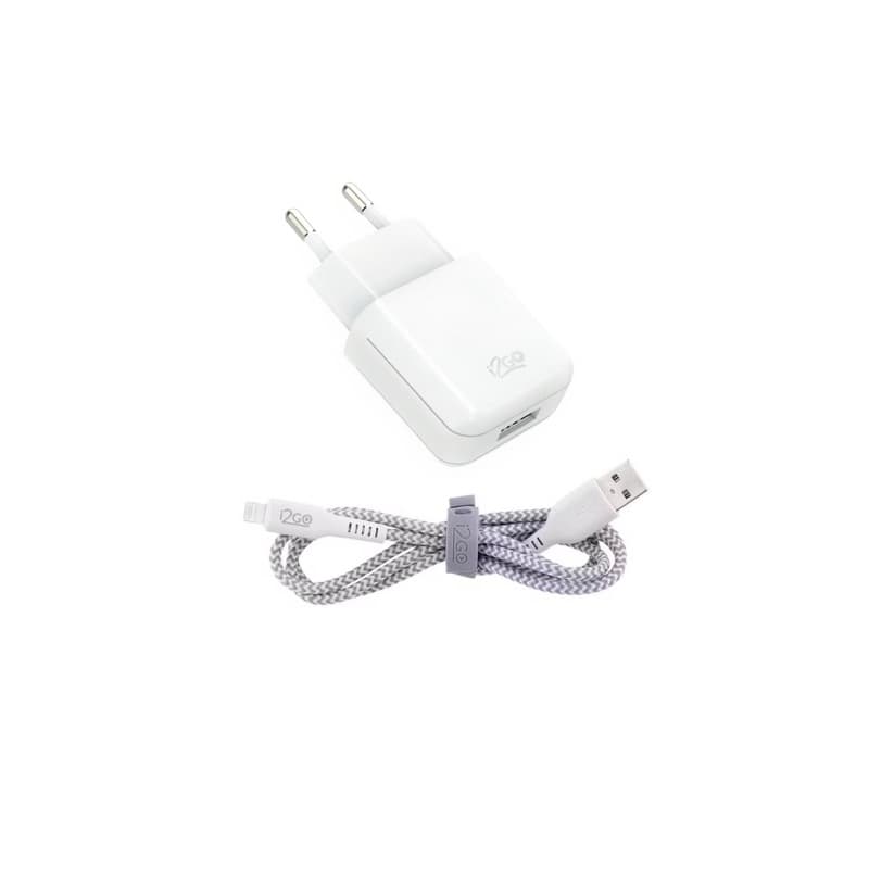 Kit Carregador De Parede Rápido + Cabo Lightning i2GO iPhone 5 até 14 Nylon Trançado 1m Branco e Cinza