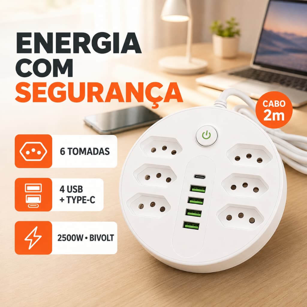 Extensão Tomadas com USB e TypeC Universal Bivolt 110v/220v 2500W Power 2m Filtro De Linha Segurança