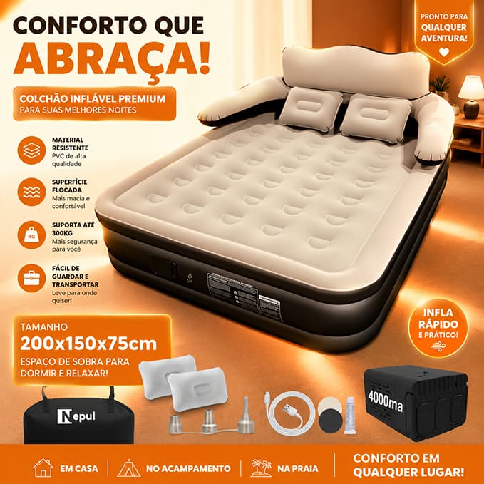 200x150x75cm Colchão Inflável Queen com Encosto e Bomba Elétrica Embutida 4000mah Nepul