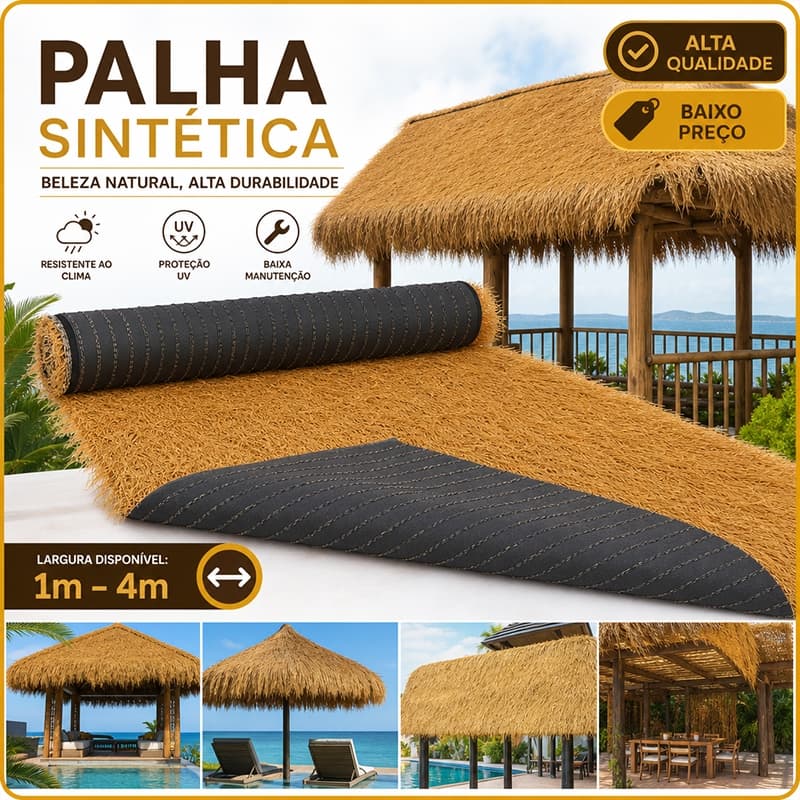 Palha Artificial de Alta Qualidade 2 m × 11 m em PVC para Decoração de Telhados e Áreas Externas na Praia